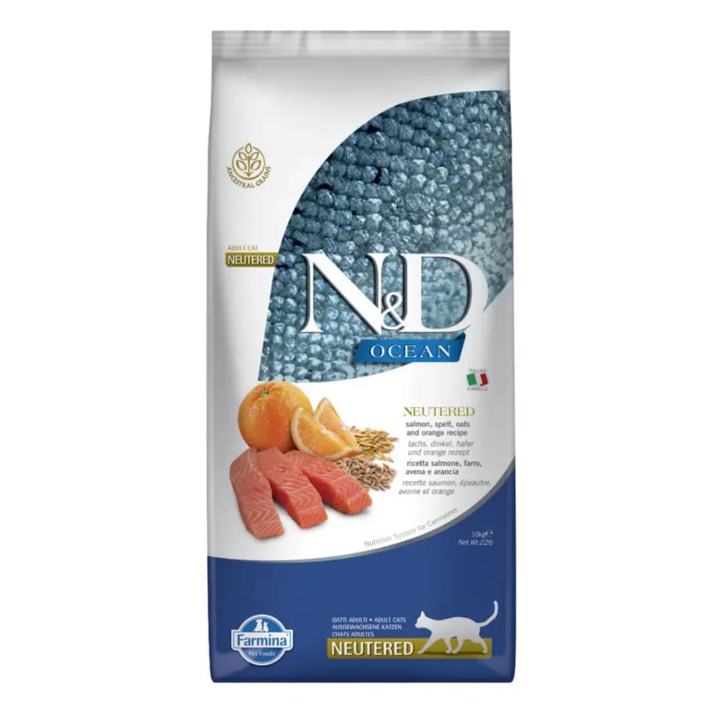 N & D Ocean Adult Cat Neutered Salmon, spelt, oats and orange recipe Cat 10Kg - Kedi Kuru Maması